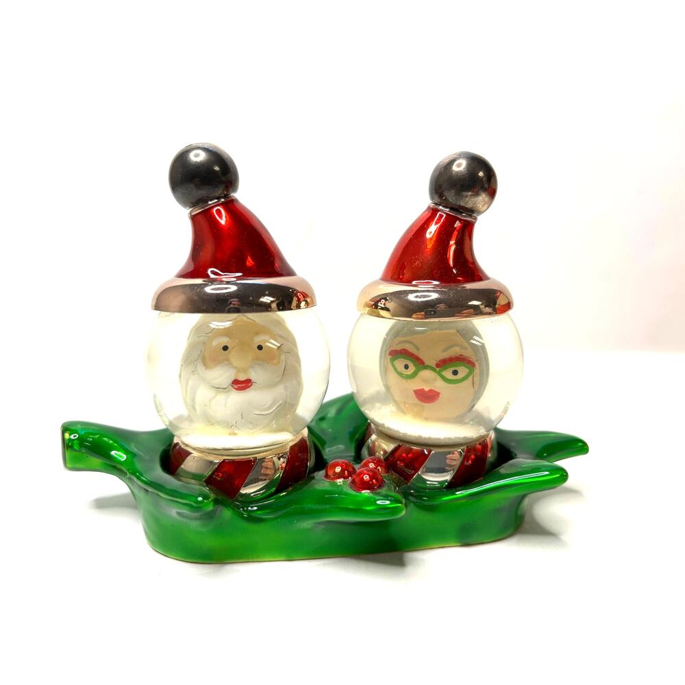 Neiman Marcus Snow Globe Salt & Pepper Shakers Santa & Mrs Claus Metal Christmas